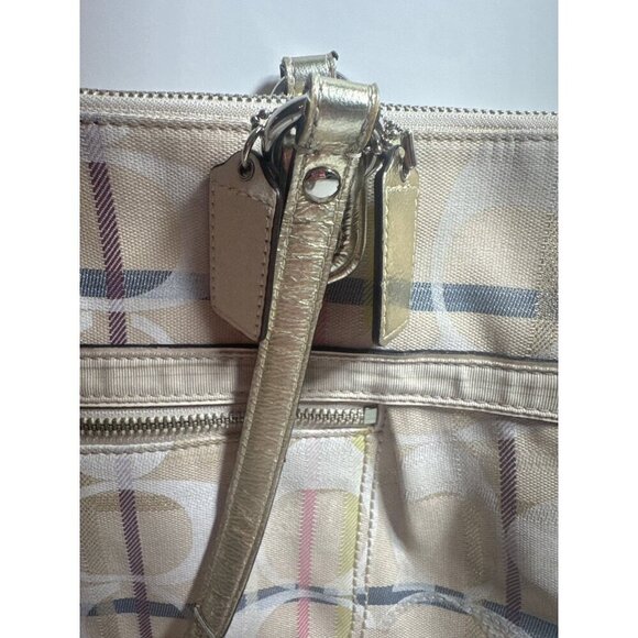 Coach Poppy Tattersall Signature Plaid Tote Bag Metallic Leather Trim 19871 15” - Picture 3 of 11